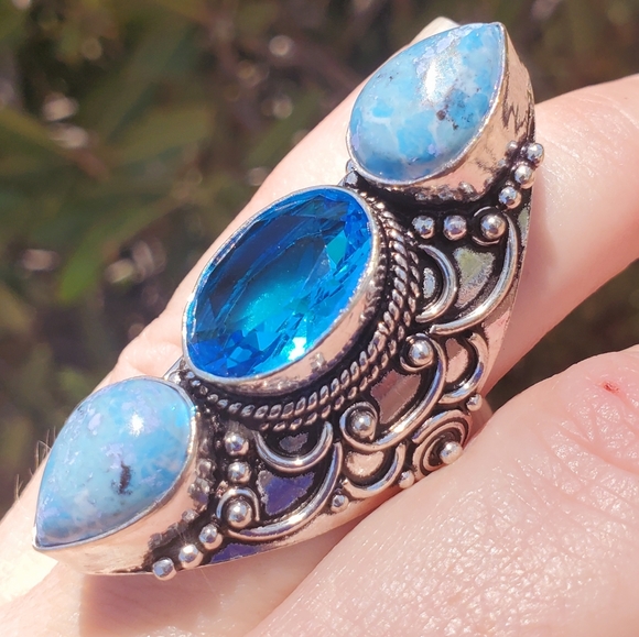 New Swiss Blue Topaz & Mosaic Jasper 925 Silver Statement Ring. - Picture 11 of 11
